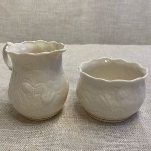 Belleek open sugar bowl and creamer lotus 9th mark (1997-2000).